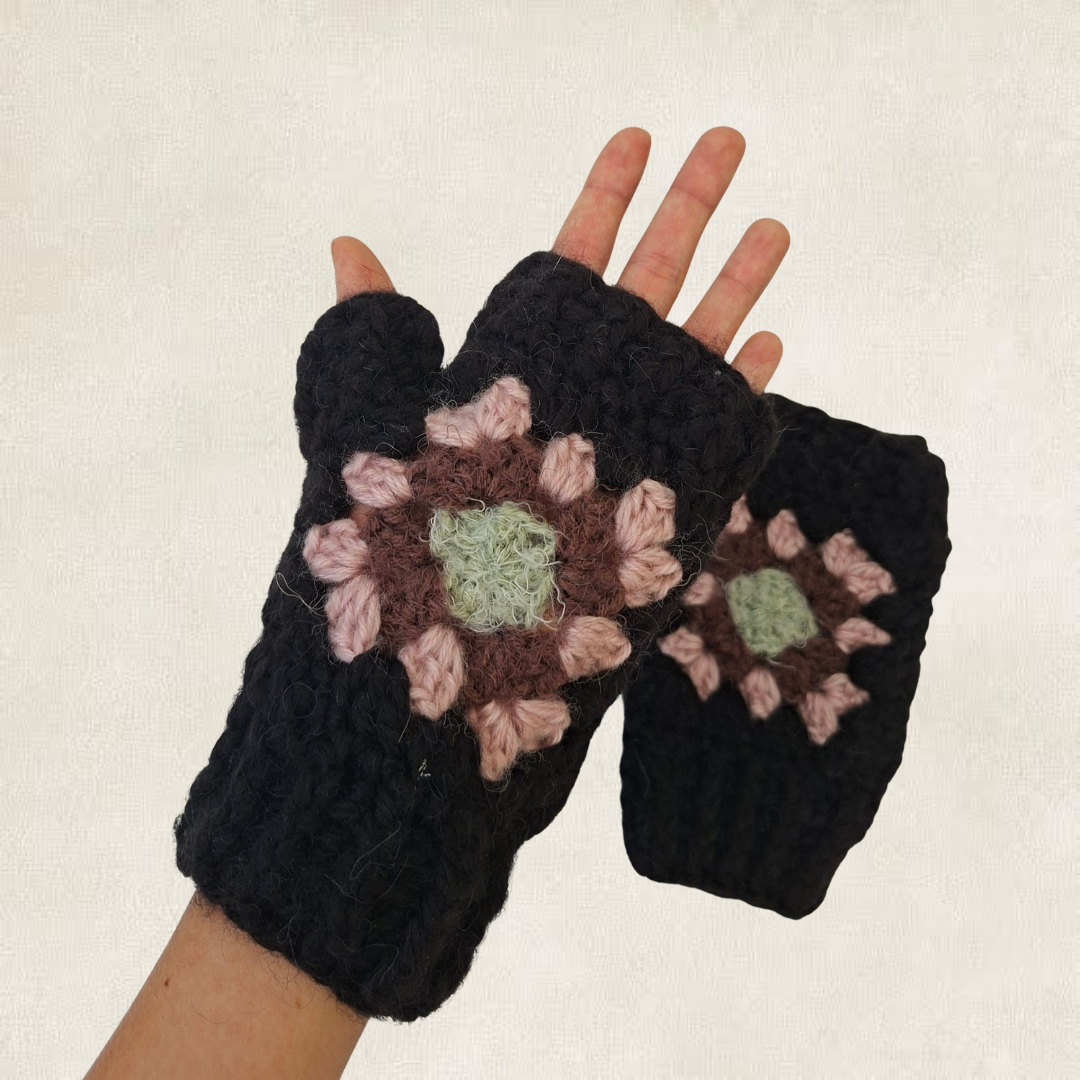 Multicoloured granny square crochet mittens