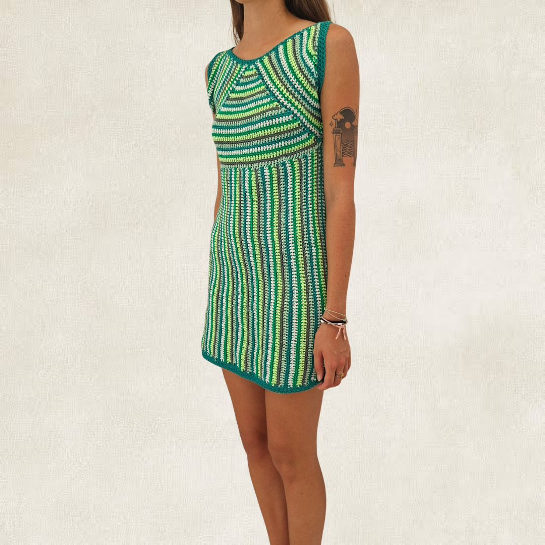 Green striped crochet dress
