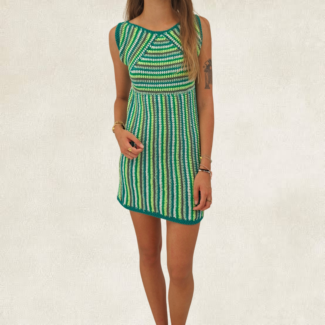 Green striped crochet dress