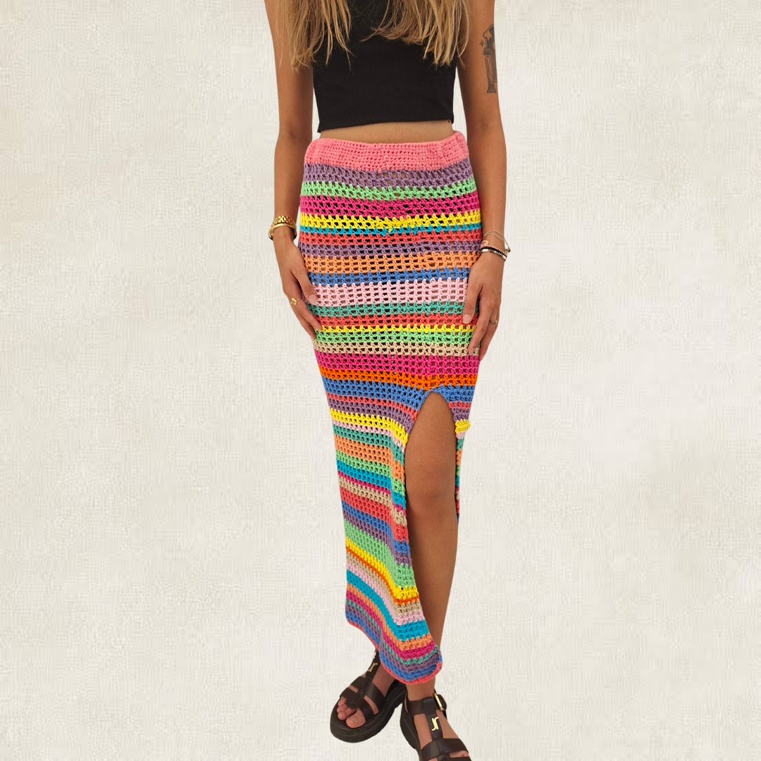 Jupe longue rayée multicolore en crochet