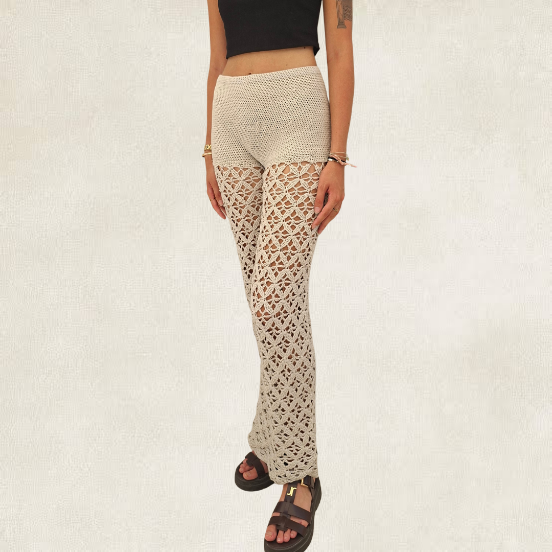 Pantalon gris bohème dentelle en crochet