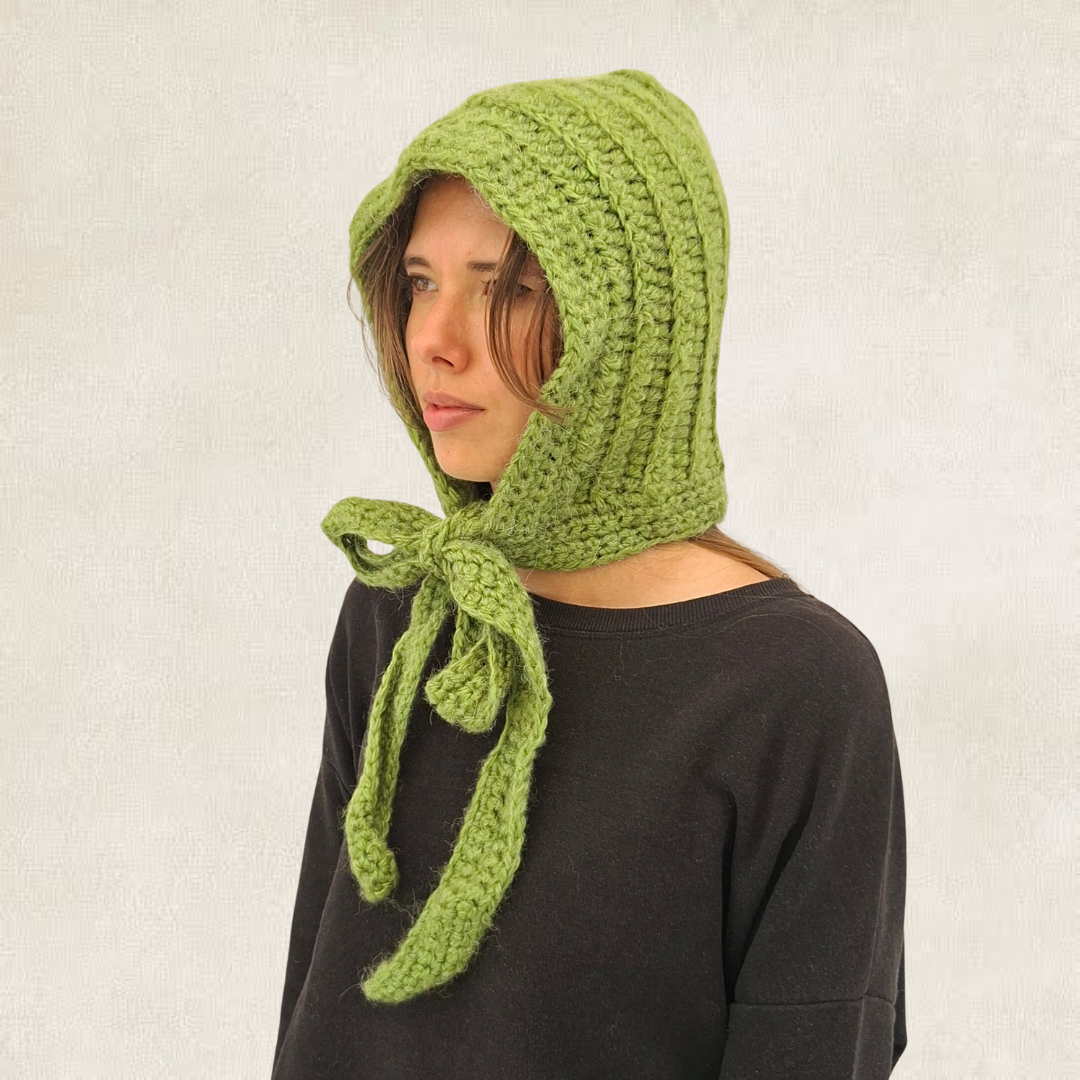 Green tie-up crochet balaclava