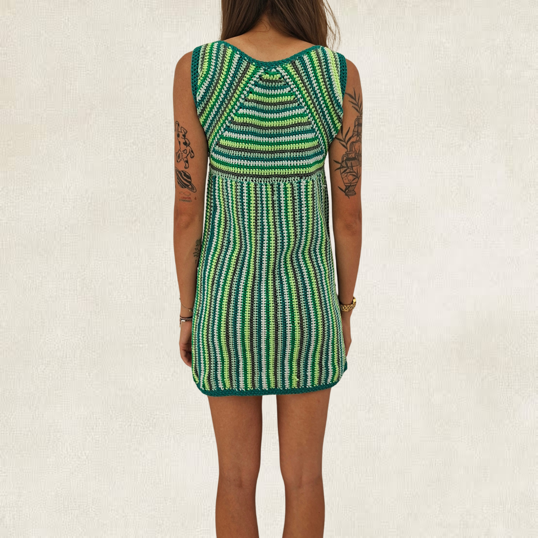 Green striped crochet dress
