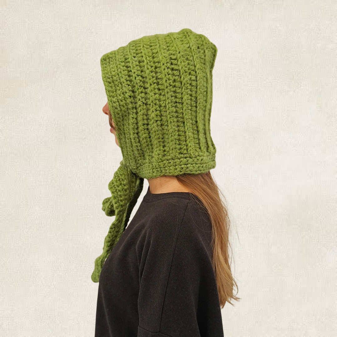 Green tie-up crochet balaclava