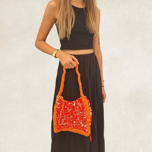 Small orange upcycled crochet handbag - Handmade