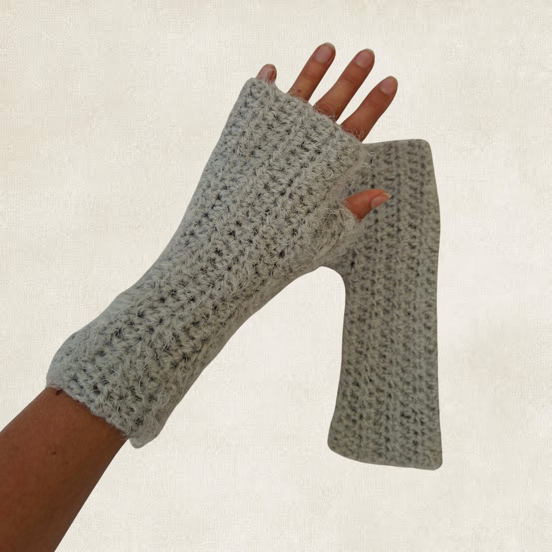 Grey crocheted mittens