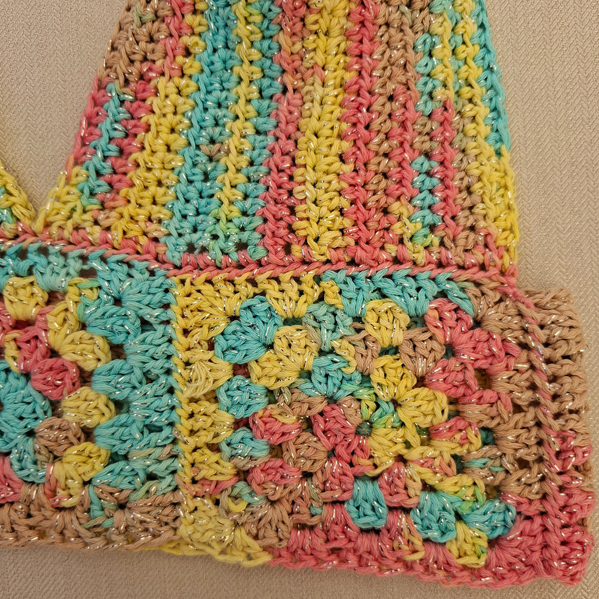 Cropped multicoloured silver crochet top