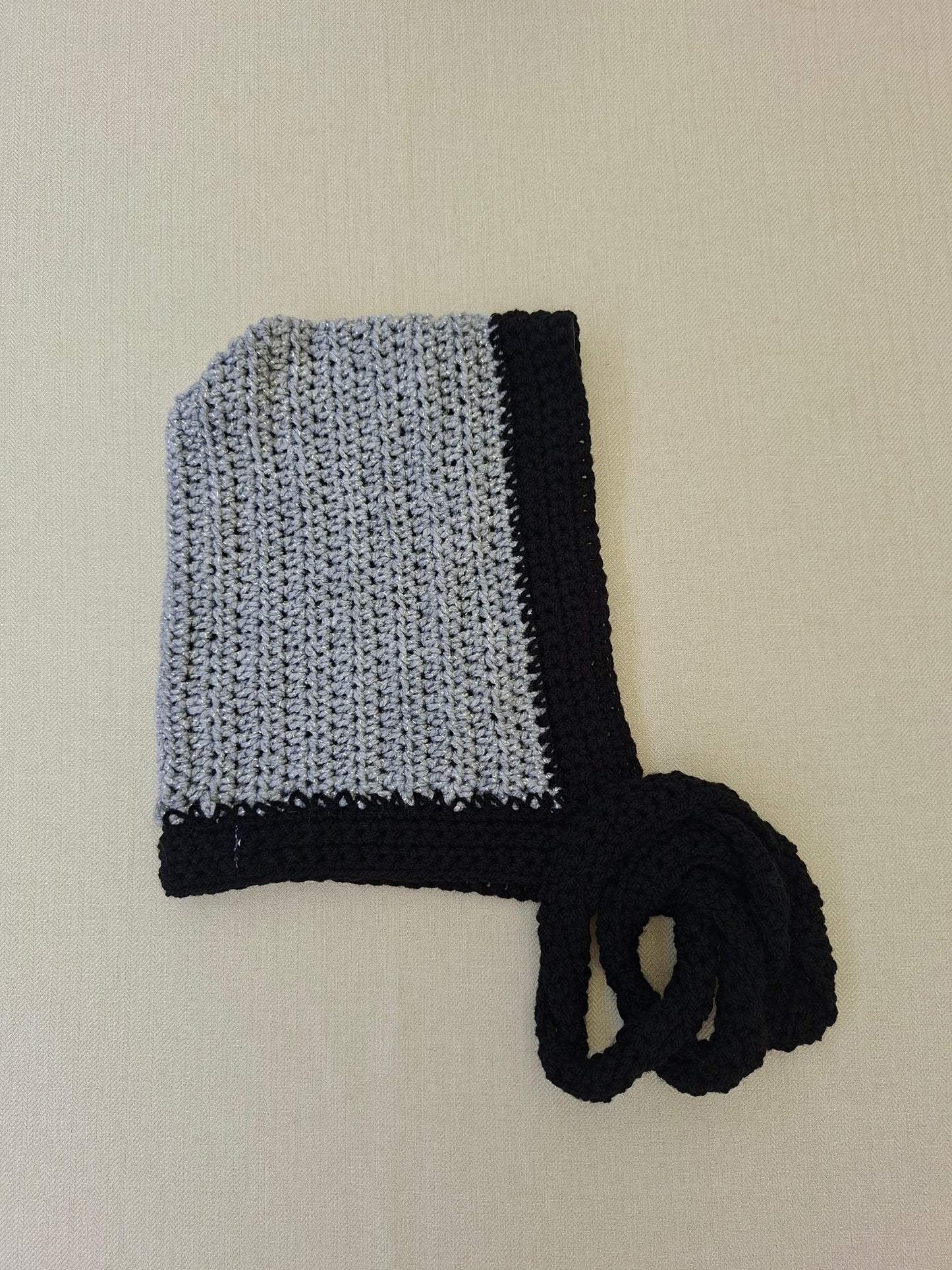 Grey crochet balaclava with ties