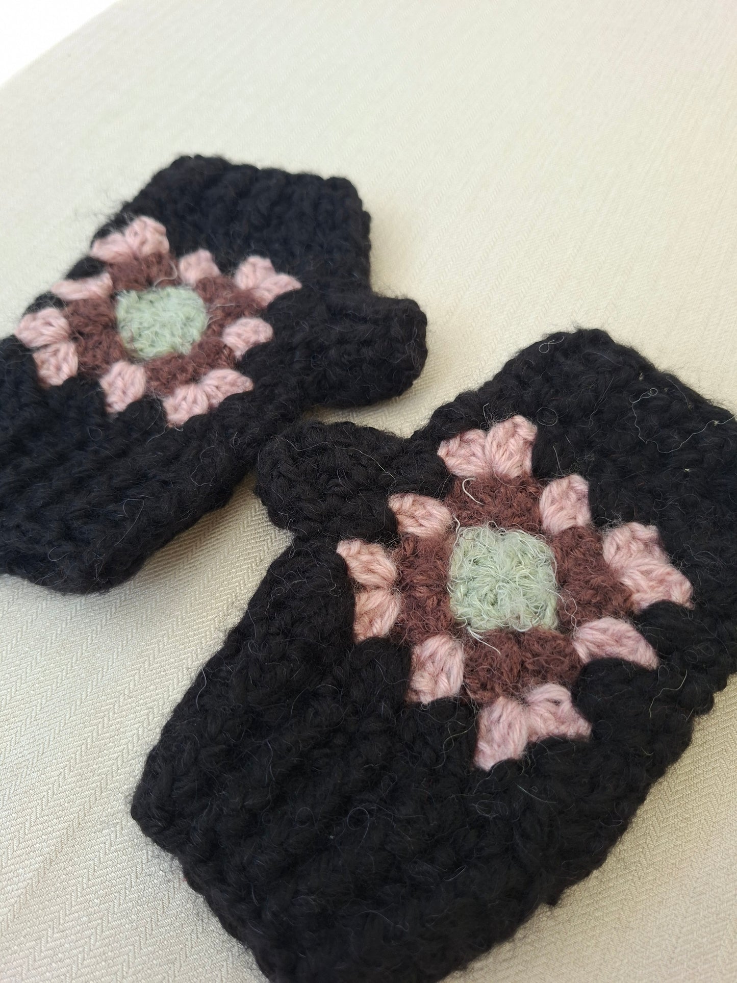 Multicoloured granny square crochet mittens