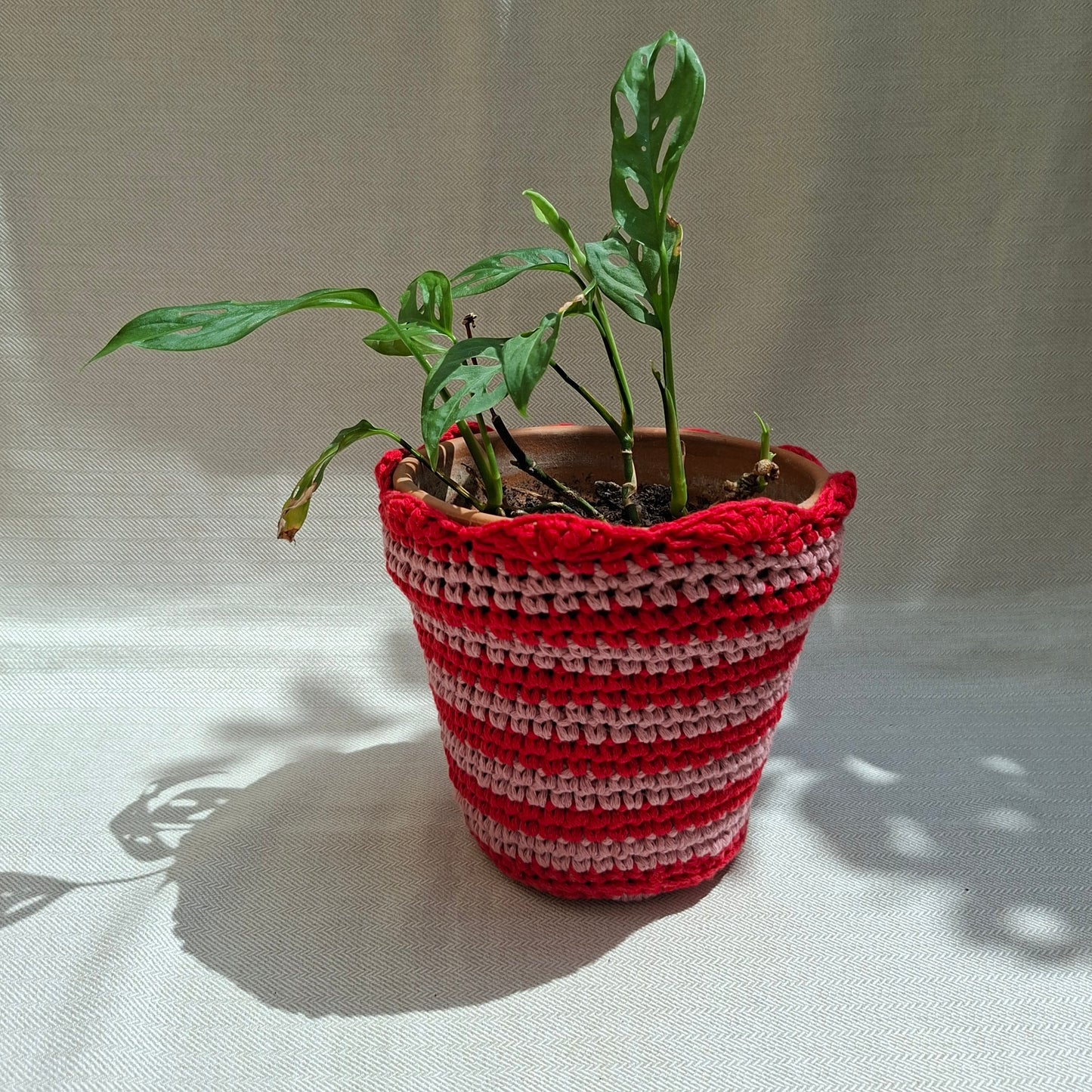 Cache-pot rayé en crochet