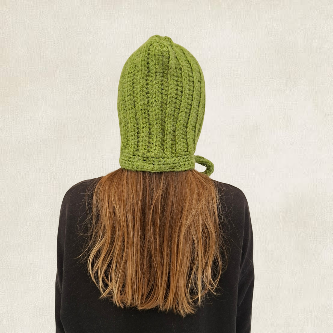 Green tie-up crochet balaclava
