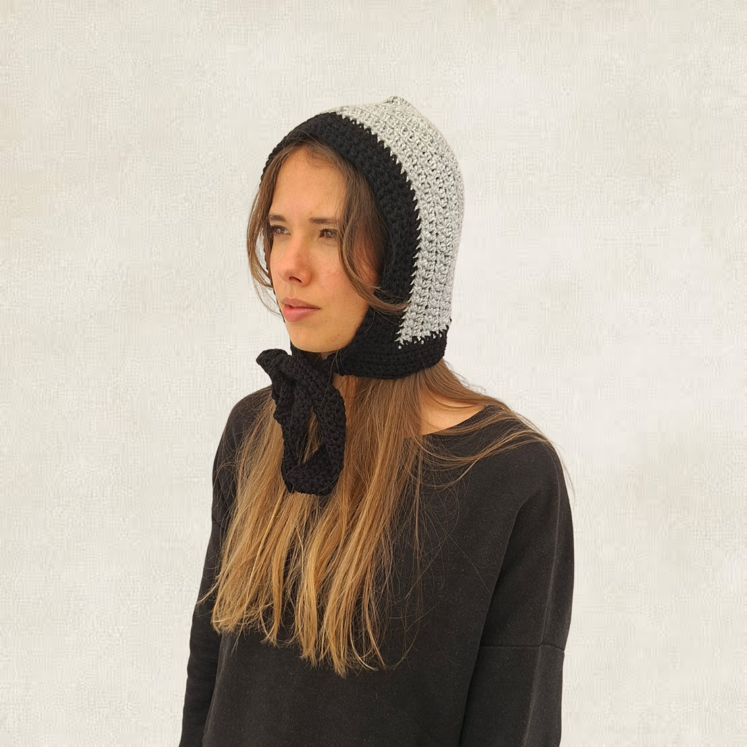 Grey crochet balaclava with ties