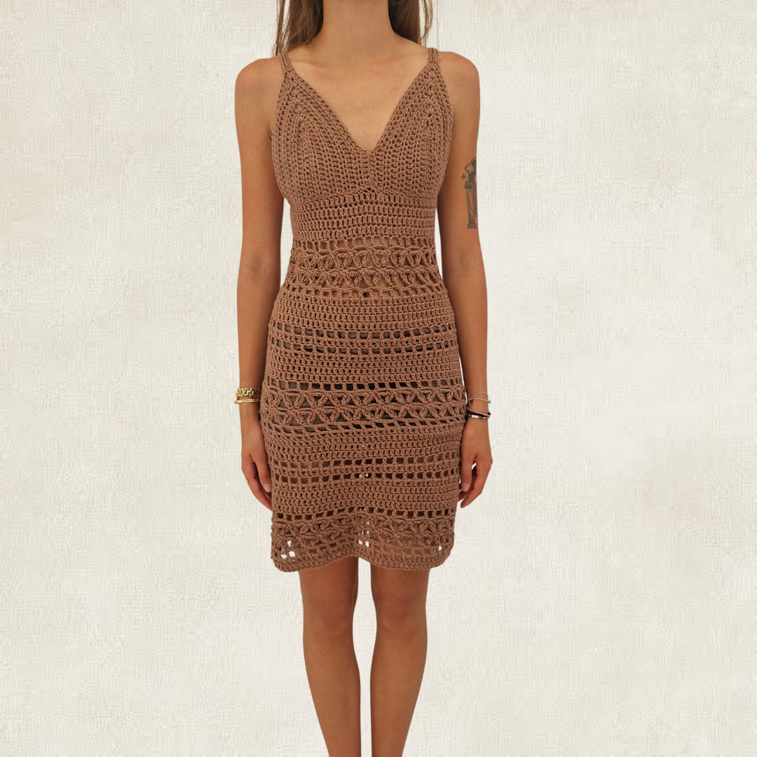 Brown openwork crochet summer dress