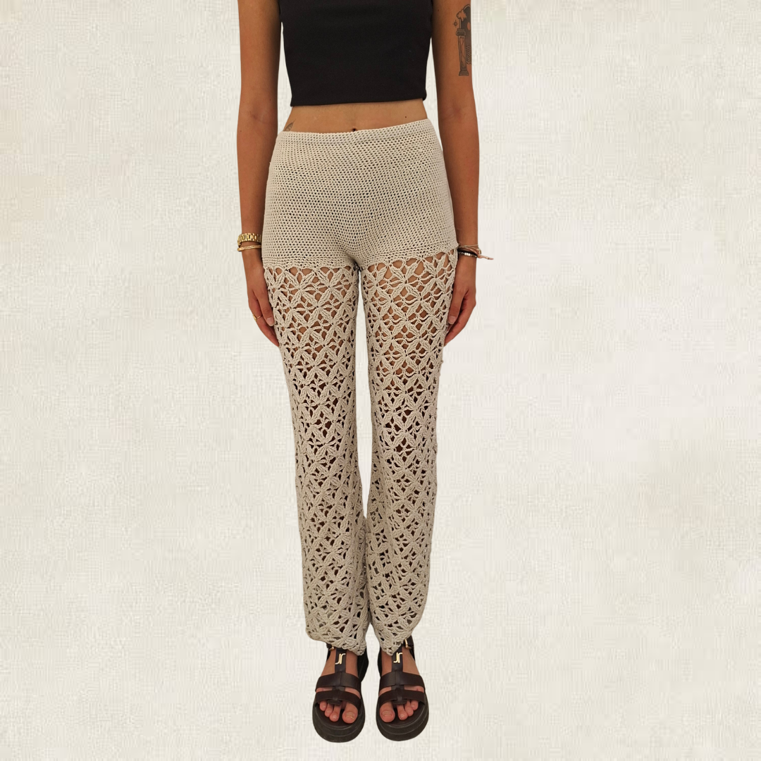 Pantalon gris bohème dentelle en crochet