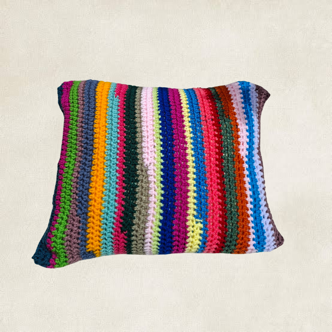 Multicolor striped crochet cushion