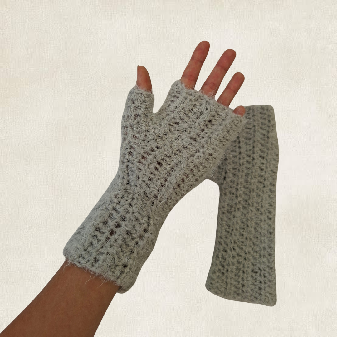 Grey crocheted mittens