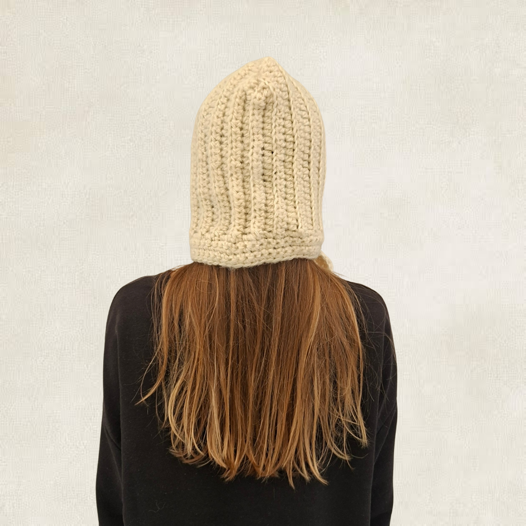 White tie-front crochet balaclava