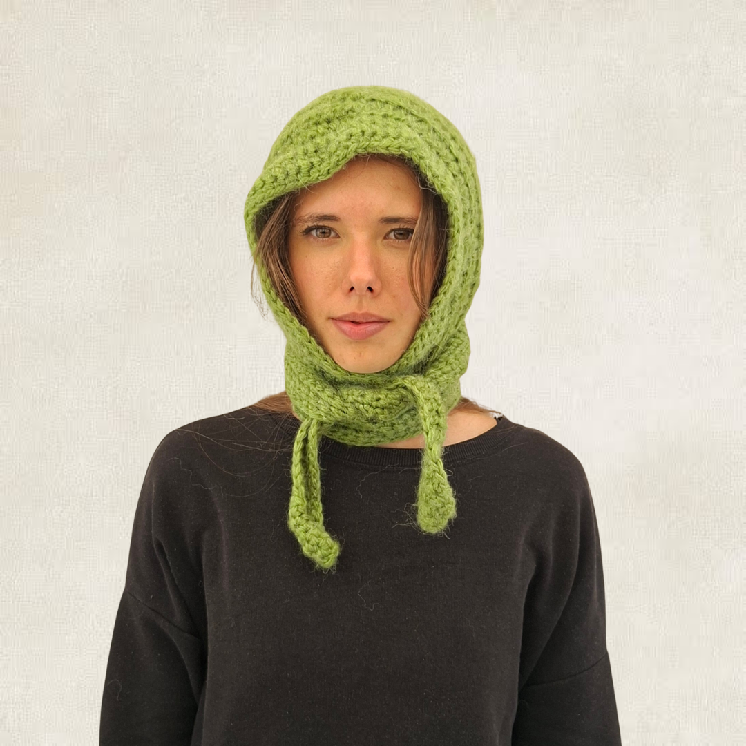 Green tie-up crochet balaclava