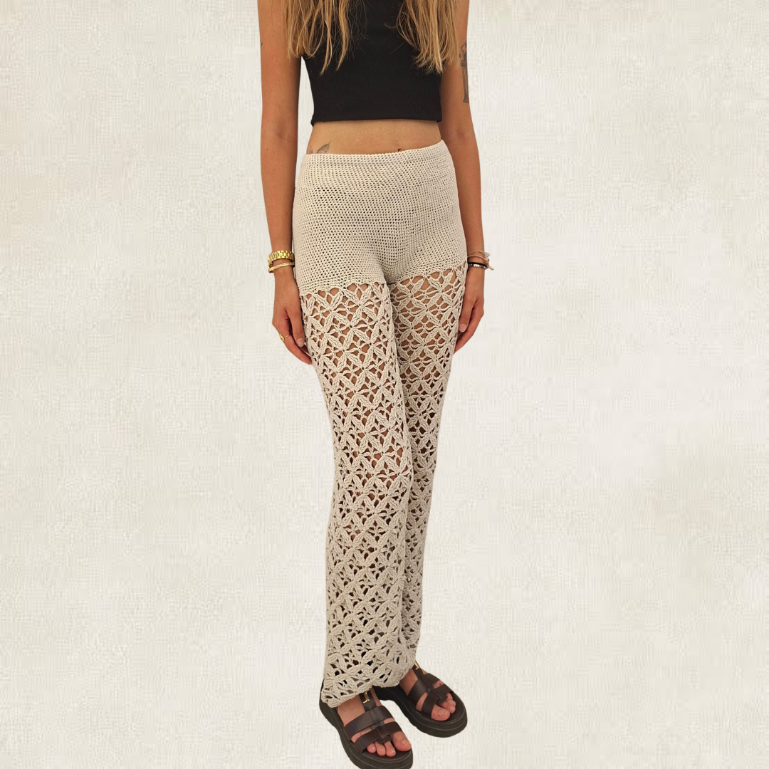 Pantalon gris bohème dentelle en crochet
