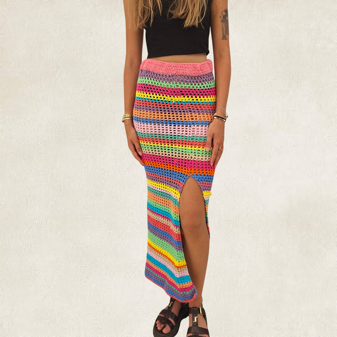 Jupe longue rayée multicolore en crochet