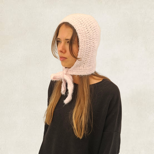 Pink crocheted balaclava with ties