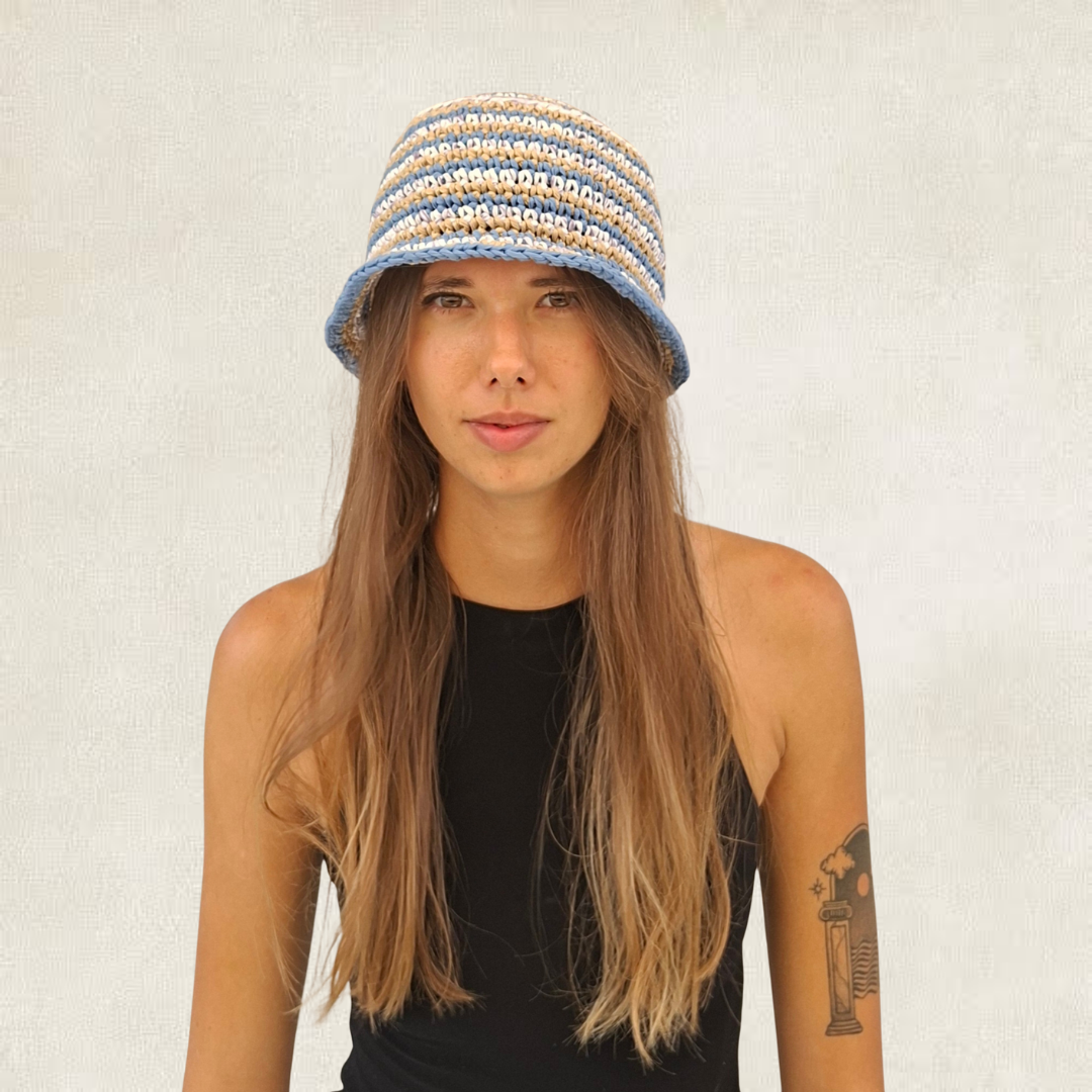 Striped raffia bob hat