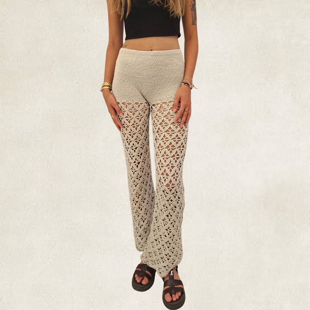 Pantalon gris bohème dentelle en crochet
