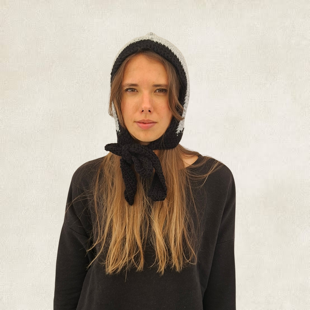 Grey crochet balaclava with ties