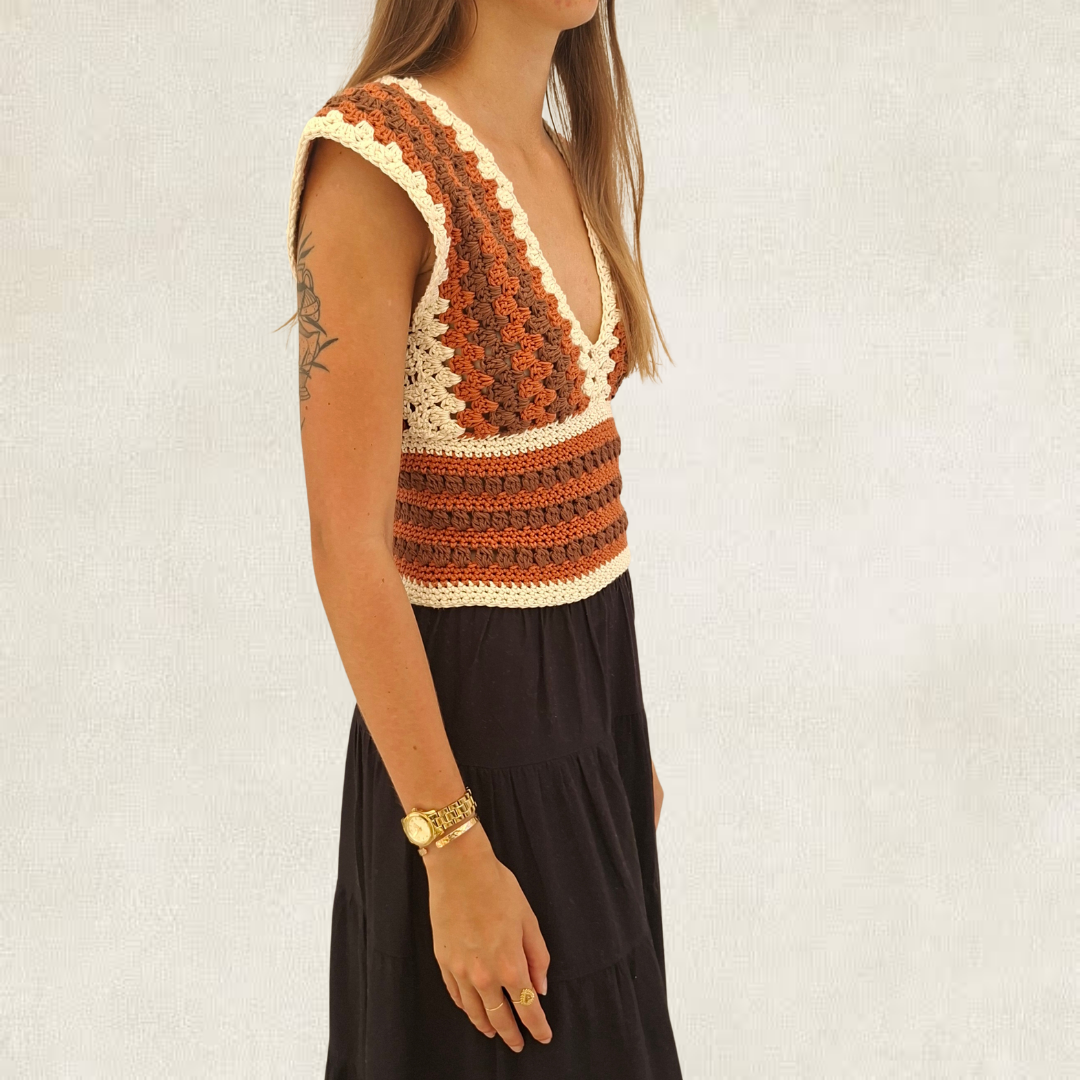 Brown crocheted low-cut top