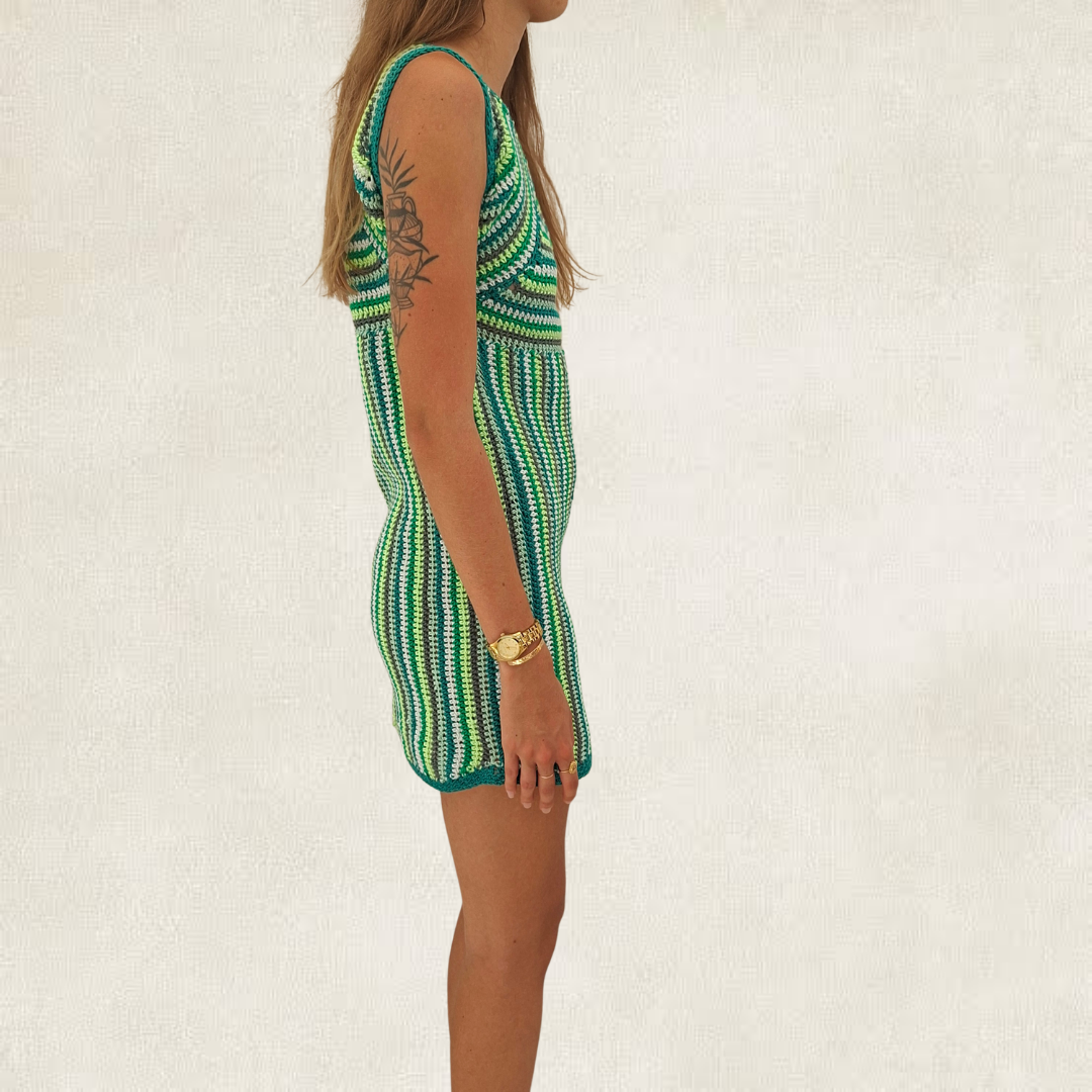 Green striped crochet dress