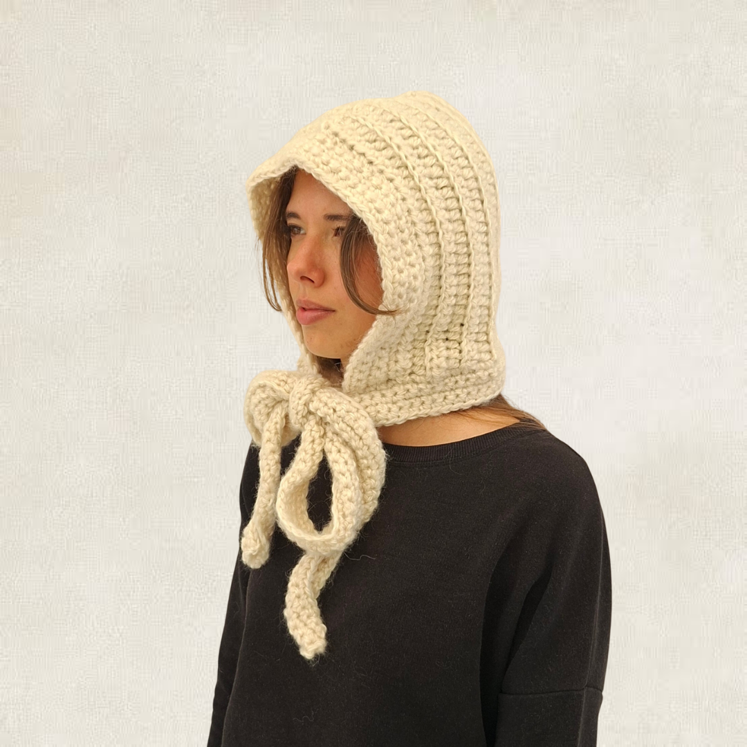 White tie-front crochet balaclava