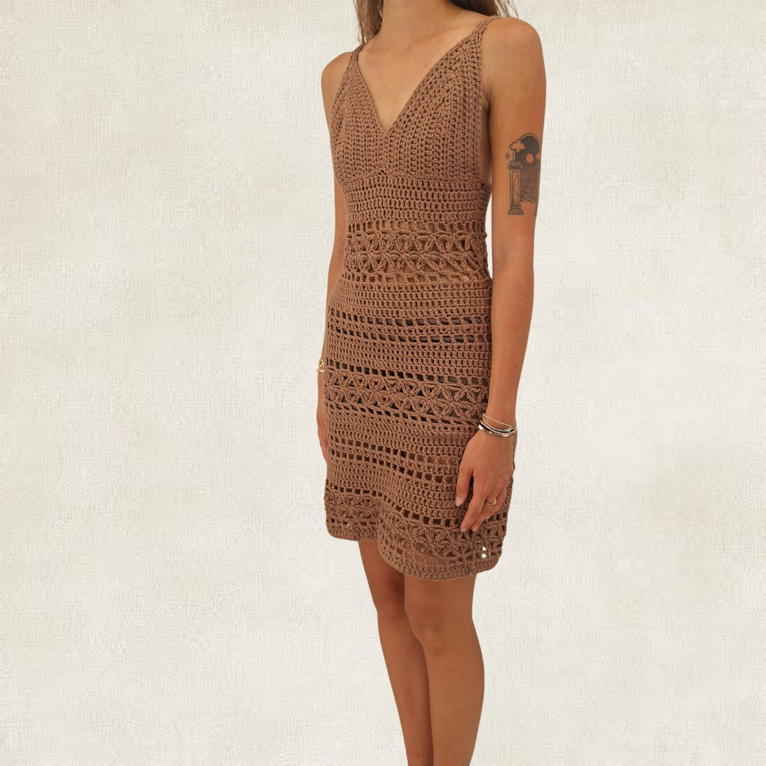 Brown openwork crochet summer dress