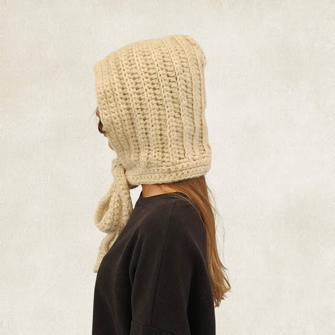 White tie-front crochet balaclava
