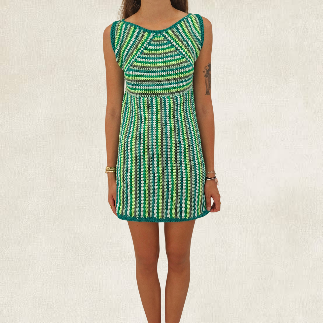 Green striped crochet dress