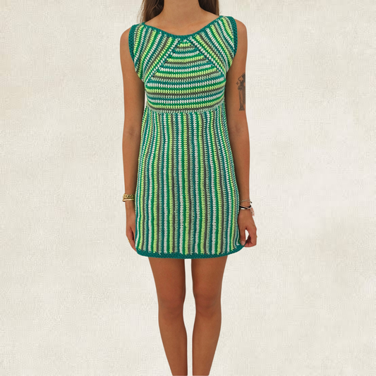 Green striped crochet dress