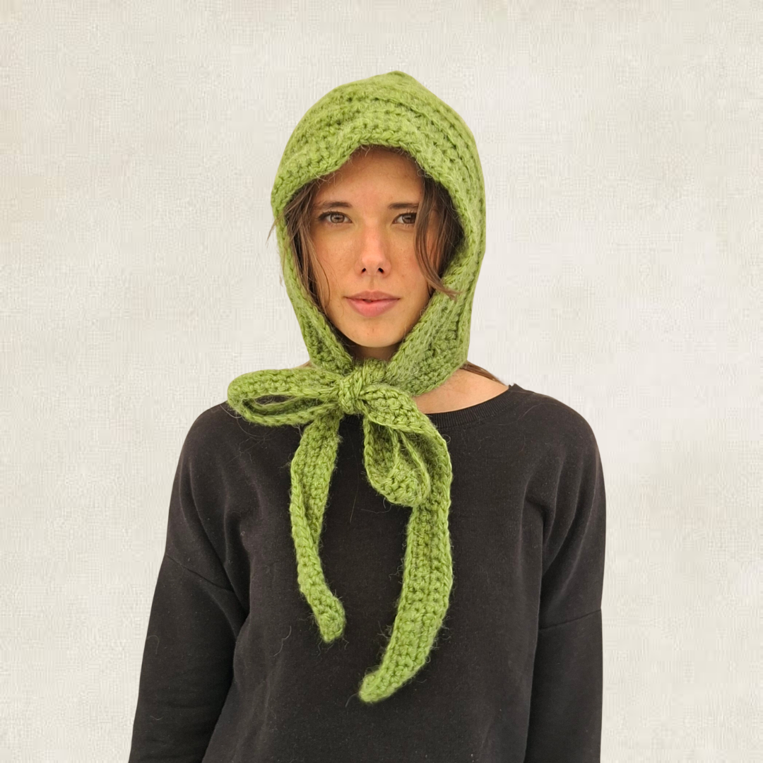 Green tie-up crochet balaclava