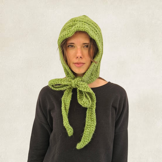 Green tie-up crochet balaclava