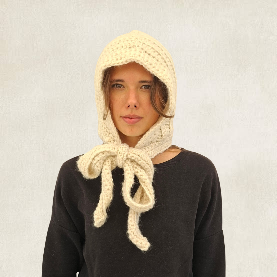 White tie-front crochet balaclava