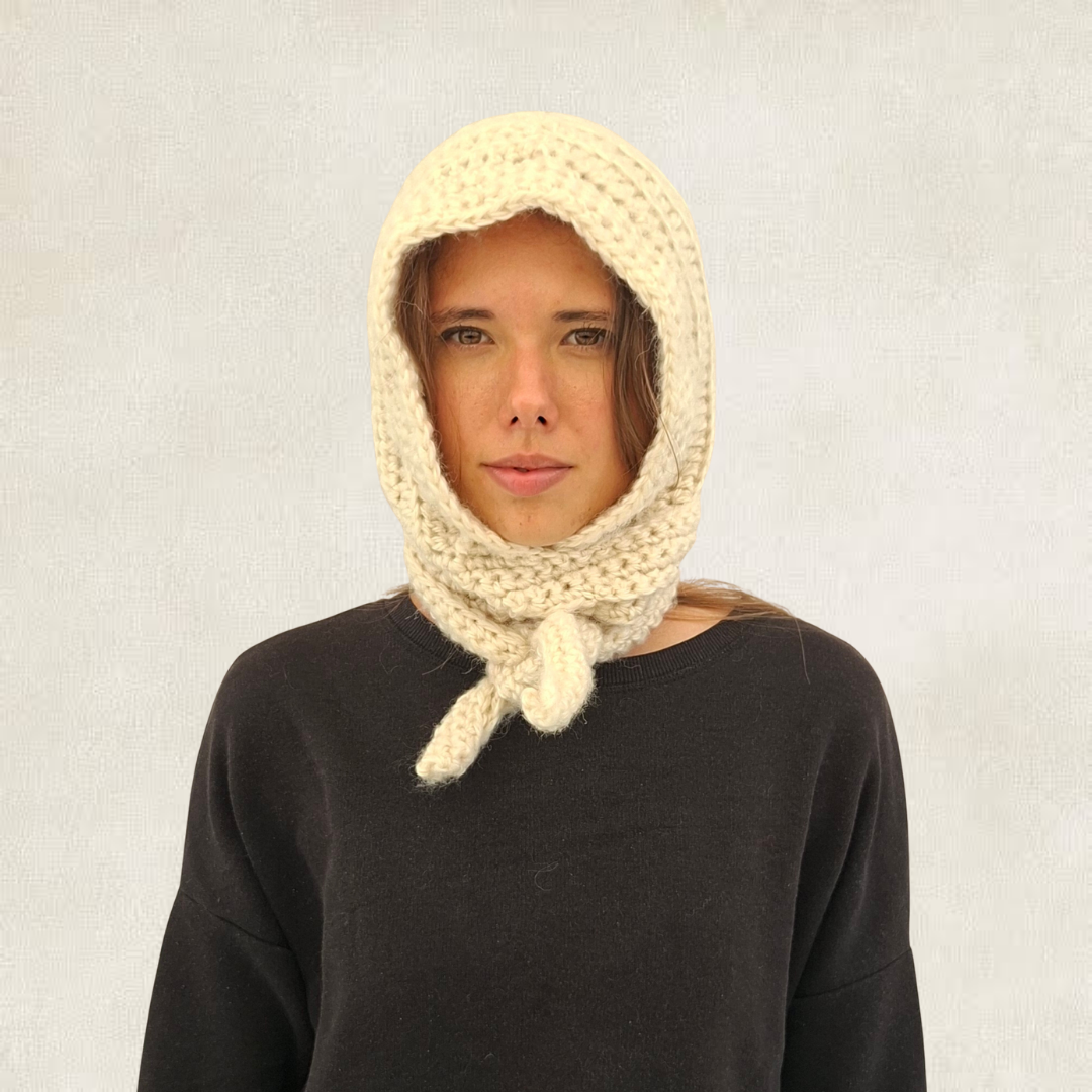 White tie-front crochet balaclava