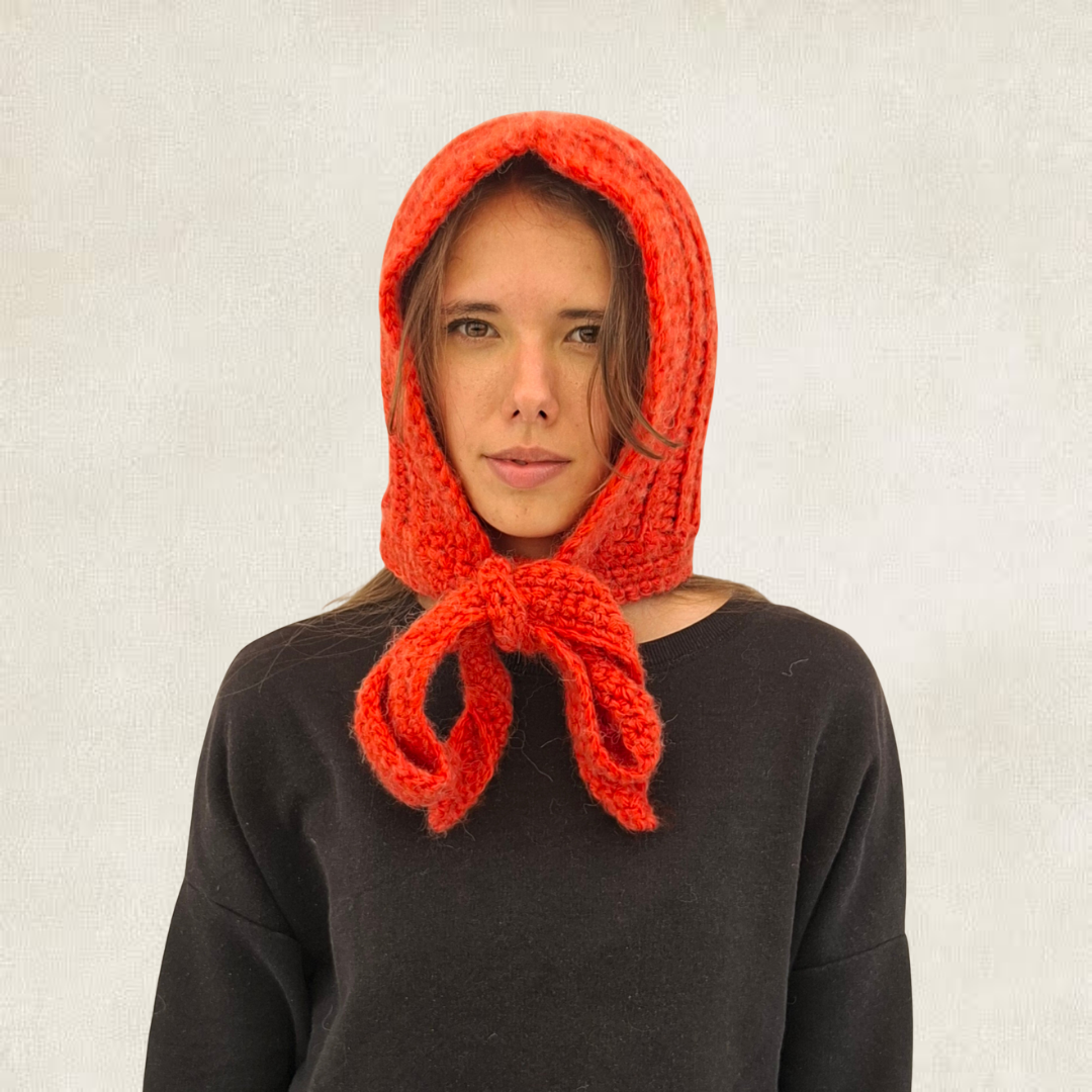 Orange crochet tie balaclava