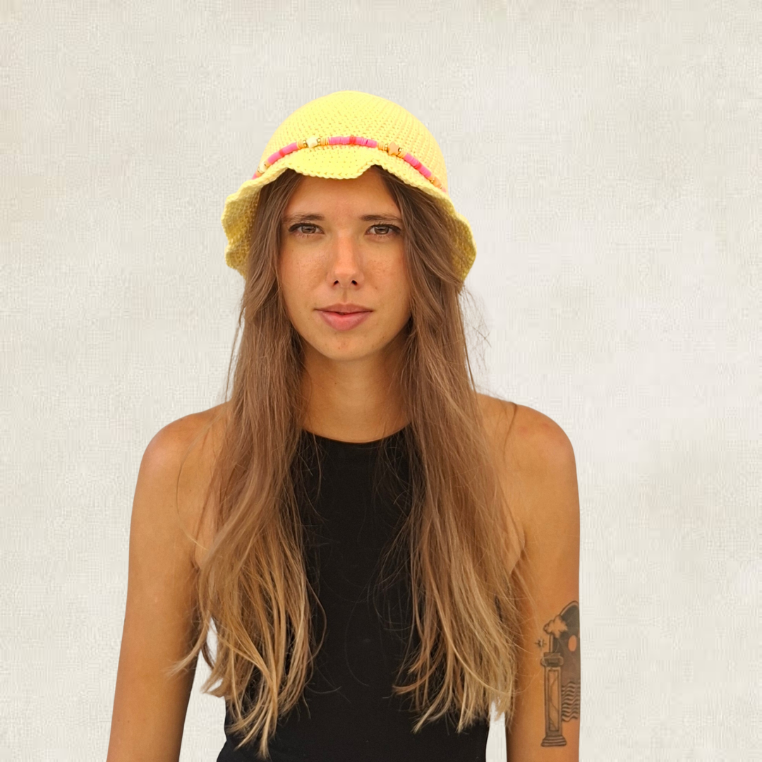 Yellow beanie & pearls