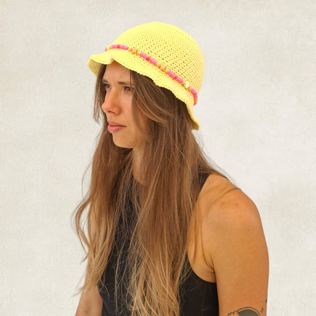 Yellow beanie & pearls