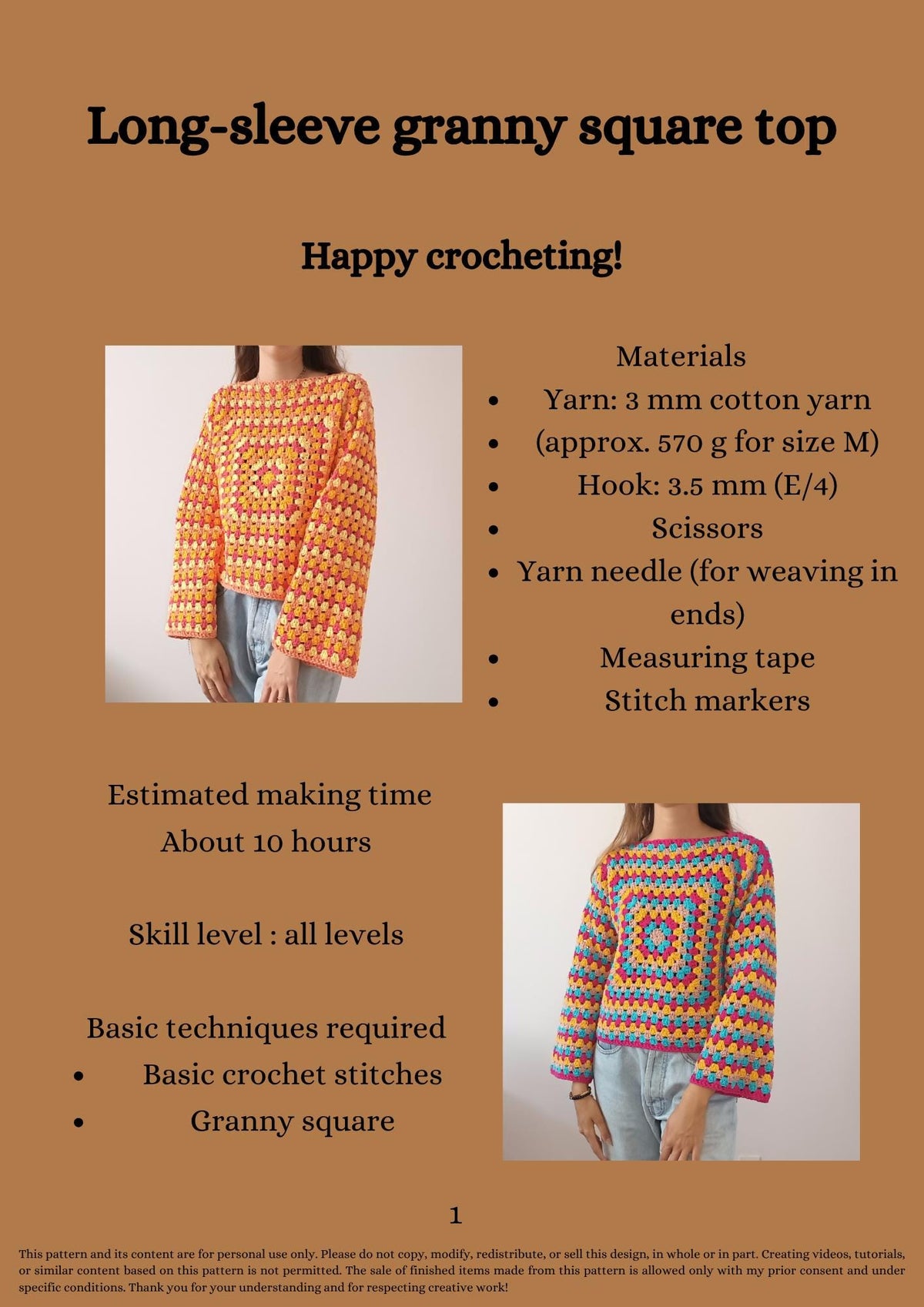 Modèle Crochet Manches Longues Granny squares – Patron PDF Crochet