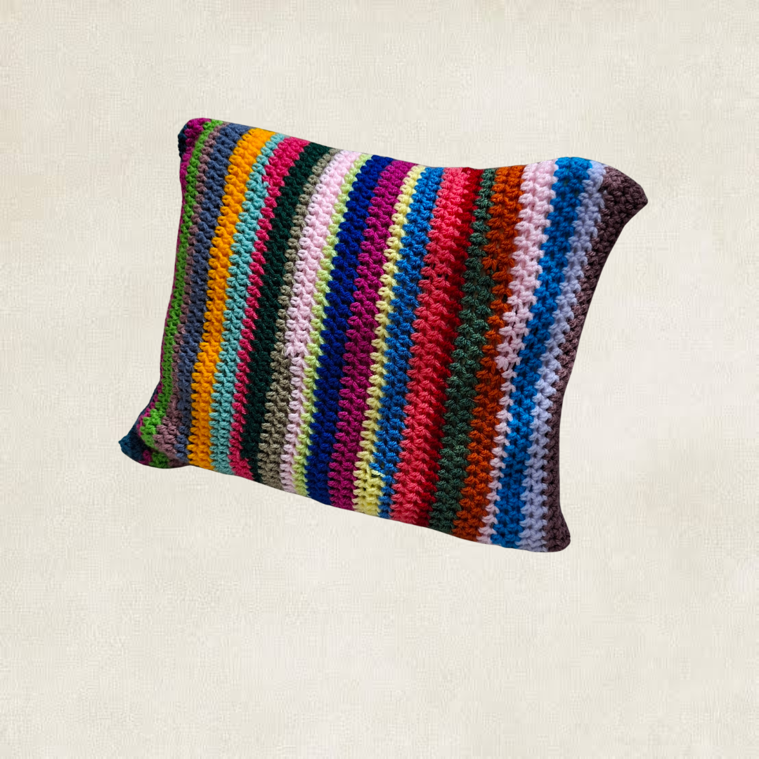 Multicolor striped crochet cushion