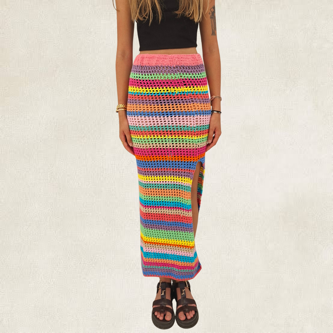 Jupe longue rayée multicolore en crochet