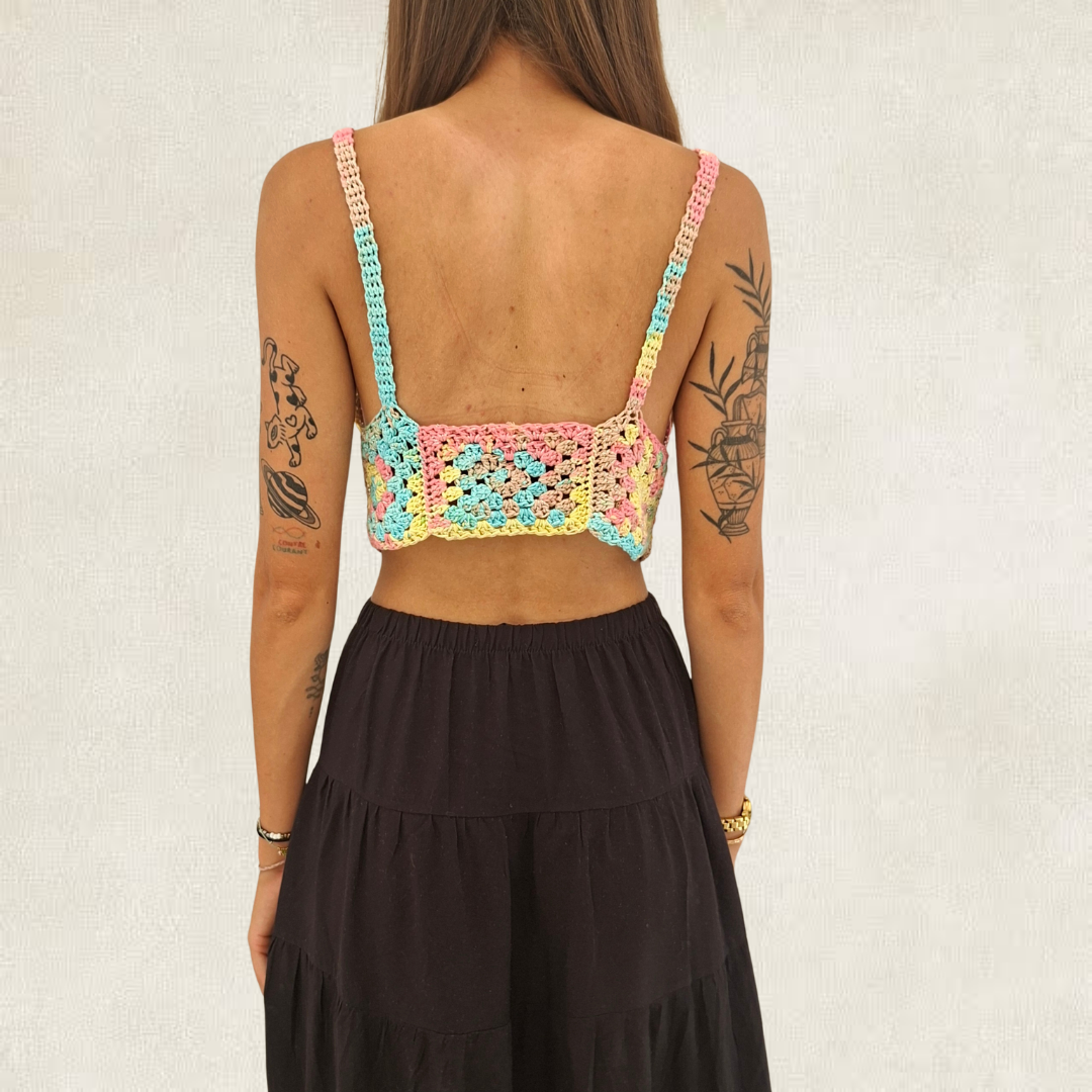 Cropped multicoloured silver crochet top