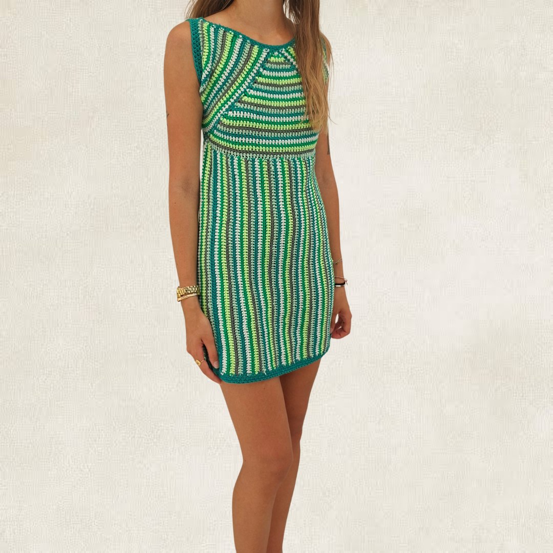 Green striped crochet dress