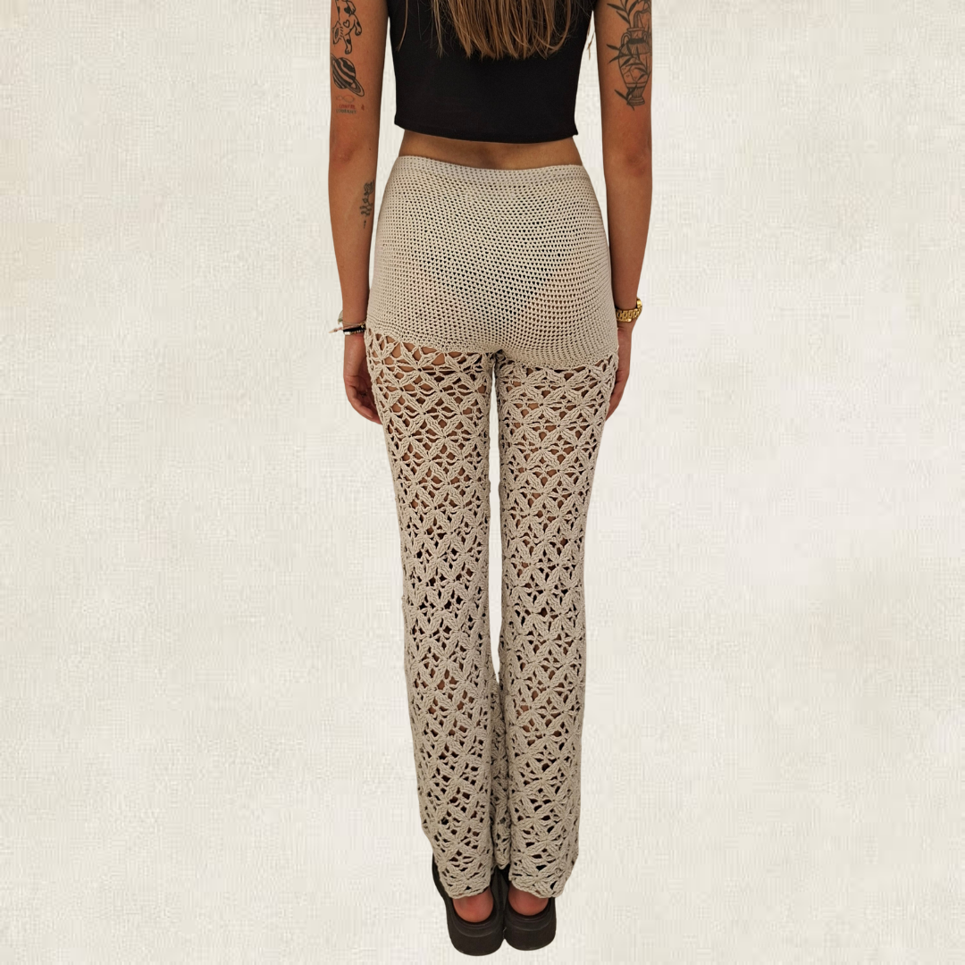 Pantalon gris bohème dentelle en crochet