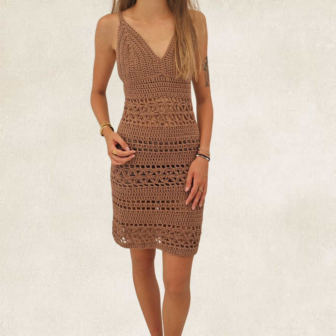 Brown openwork crochet summer dress