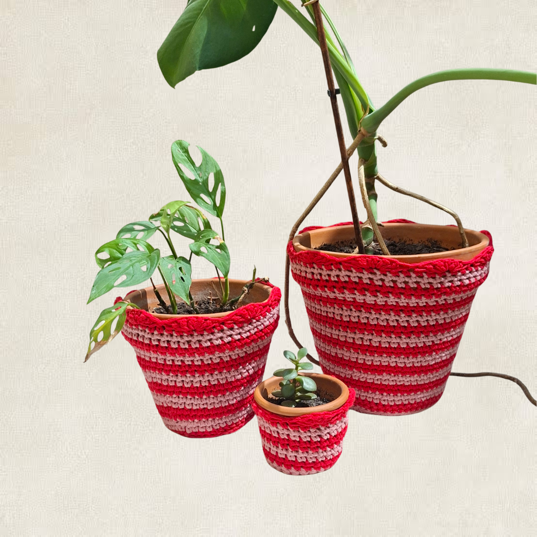 Cache-pot rayé en crochet